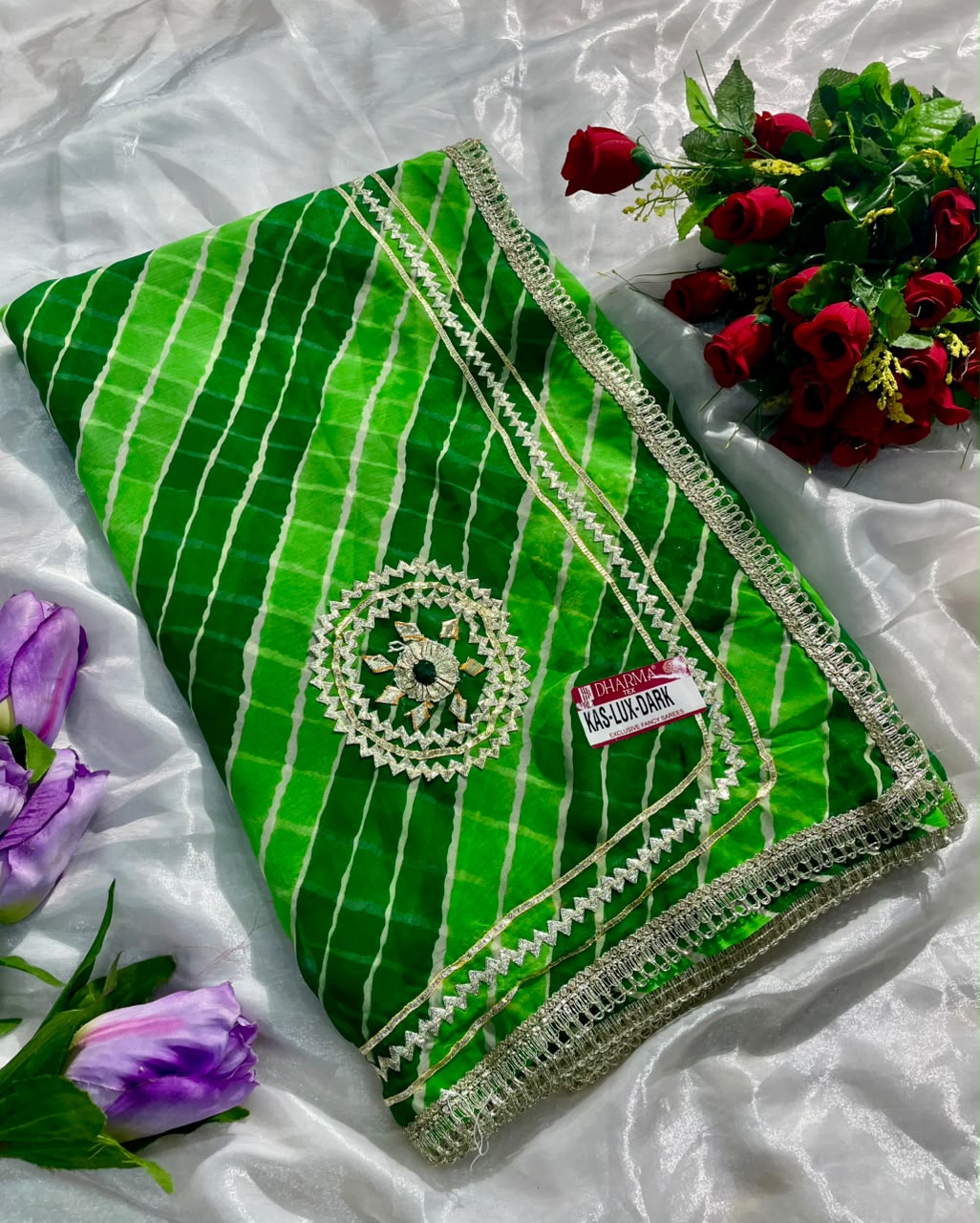 KAS-LUX-DARK WEIGHTLESS FABRIC SAREE WITH BEAUTIFUL GOTAPATTI WORK ON SAREE WITH BUTTA WITH BEAUTIFUL LAHERIYA DESIGN WITH BLOUSE