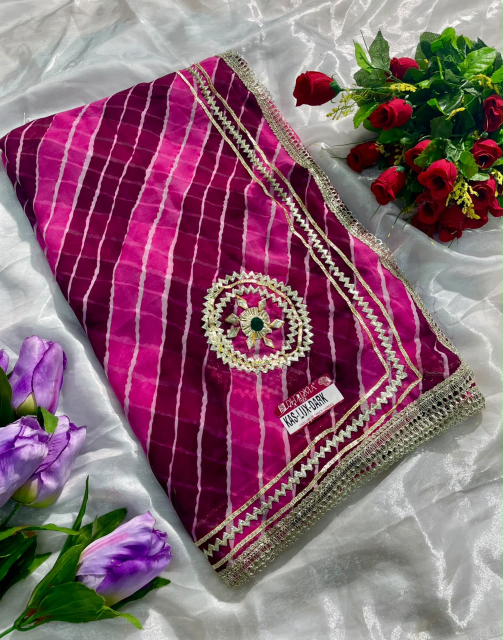 KAS-LUX-DARK WEIGHTLESS FABRIC SAREE WITH BEAUTIFUL GOTAPATTI WORK ON SAREE WITH BUTTA WITH BEAUTIFUL LAHERIYA DESIGN WITH BLOUSE