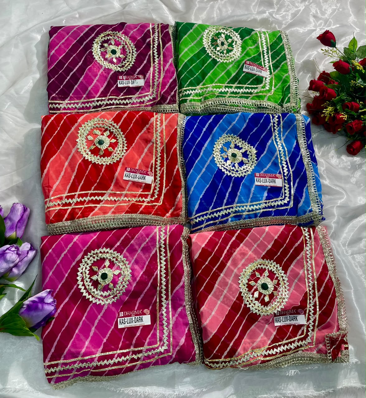 KAS-LUX-DARK WEIGHTLESS FABRIC SAREE WITH BEAUTIFUL GOTAPATTI WORK ON SAREE WITH BUTTA WITH BEAUTIFUL LAHERIYA DESIGN WITH BLOUSE