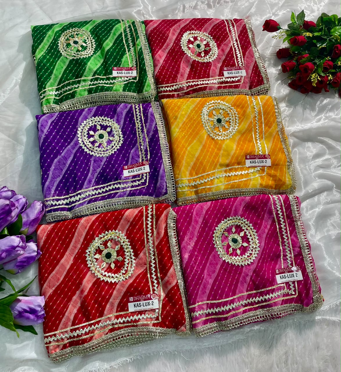 KAS-LUX-2 WEIGHTLESS FABRIC SAREE WITH BEAUTIFUL GOTAPATTI WORK ON SAREE WITH BUTTA WITH BEAUTIFUL LAHERIYA DESIGN WITH BLOUSE