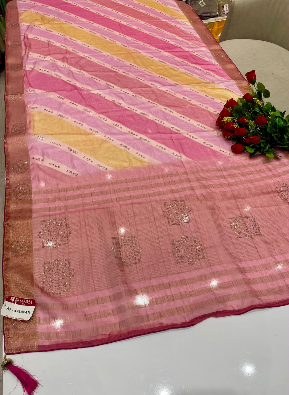 AJ-KALAVATI FANCY FABRIC SAREE WITH BEAUTIFUL SIROSKI WORK ON PALLU WITH LOVELY LAHARIYA DESIGN WITH BLOUSE