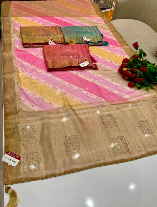 AJ-KALAVATI FANCY FABRIC SAREE WITH BEAUTIFUL SIROSKI WORK ON PALLU WITH LOVELY LAHARIYA DESIGN WITH BLOUSE