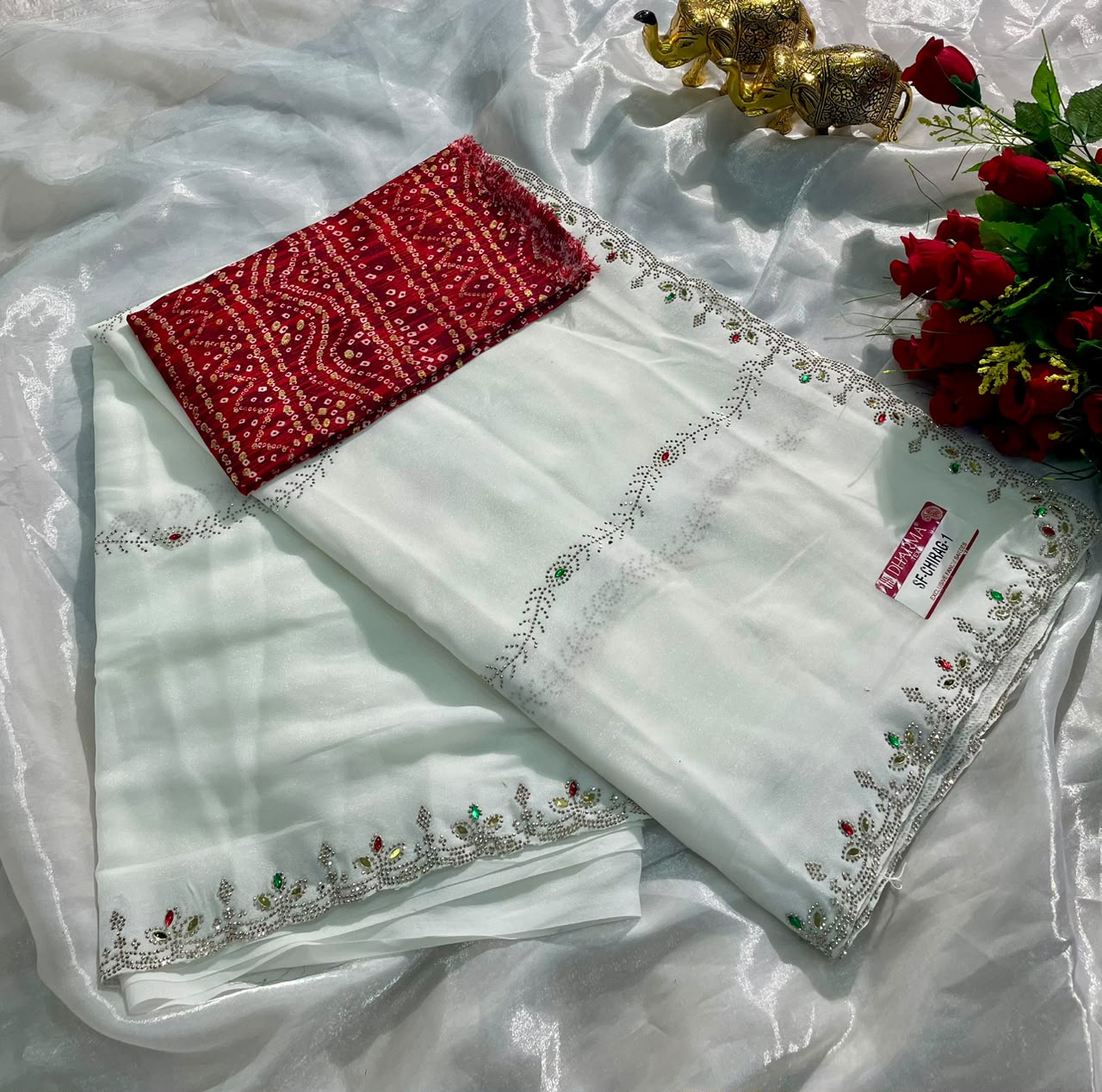 SF-CHIRAG-1  STAR GEORGETTE FABRIC SAREE WITH BEAUTIFUL DESIGN WITH MIRROR WORK WITH DMC SIROSKI WORK WITH BEAUTIFUL CONTRAST BANDHANI DESIGN BLOUSE