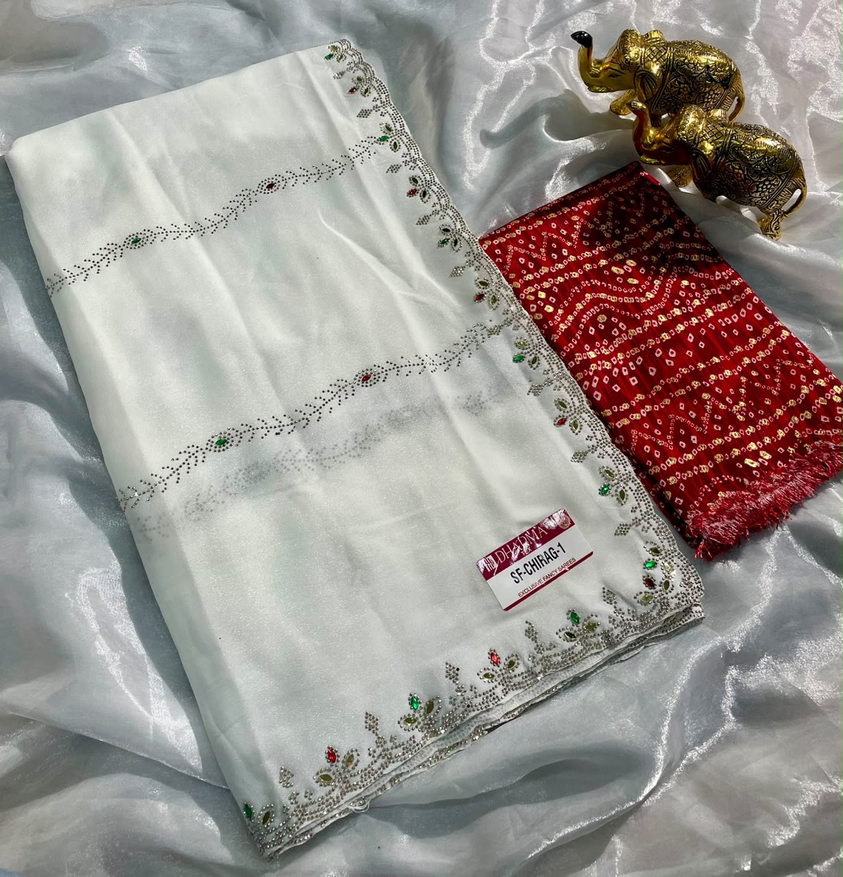 SF-CHIRAG-1  STAR GEORGETTE FABRIC SAREE WITH BEAUTIFUL DESIGN WITH MIRROR WORK WITH DMC SIROSKI WORK WITH BEAUTIFUL CONTRAST BANDHANI DESIGN BLOUSE
