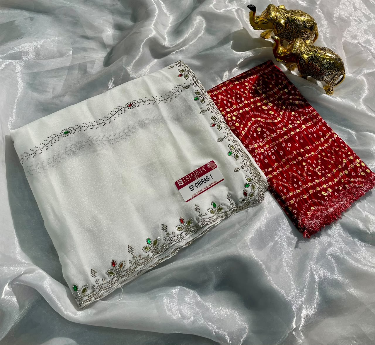 SF-CHIRAG-1  STAR GEORGETTE FABRIC SAREE WITH BEAUTIFUL DESIGN WITH MIRROR WORK WITH DMC SIROSKI WORK WITH BEAUTIFUL CONTRAST BANDHANI DESIGN BLOUSE