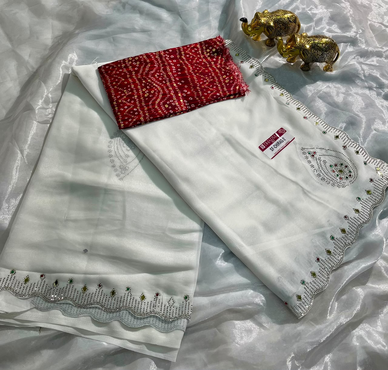 SF-CHIRAG-2 STAR GEORGETTE FABRIC SAREE WITH BEAUTIFUL DESIGN WITH MIRROR WORK WITH DMC SIROSKI WORK WITH BEAUTIFUL CONTRAST BANDHANI DESIGN BLOUSE