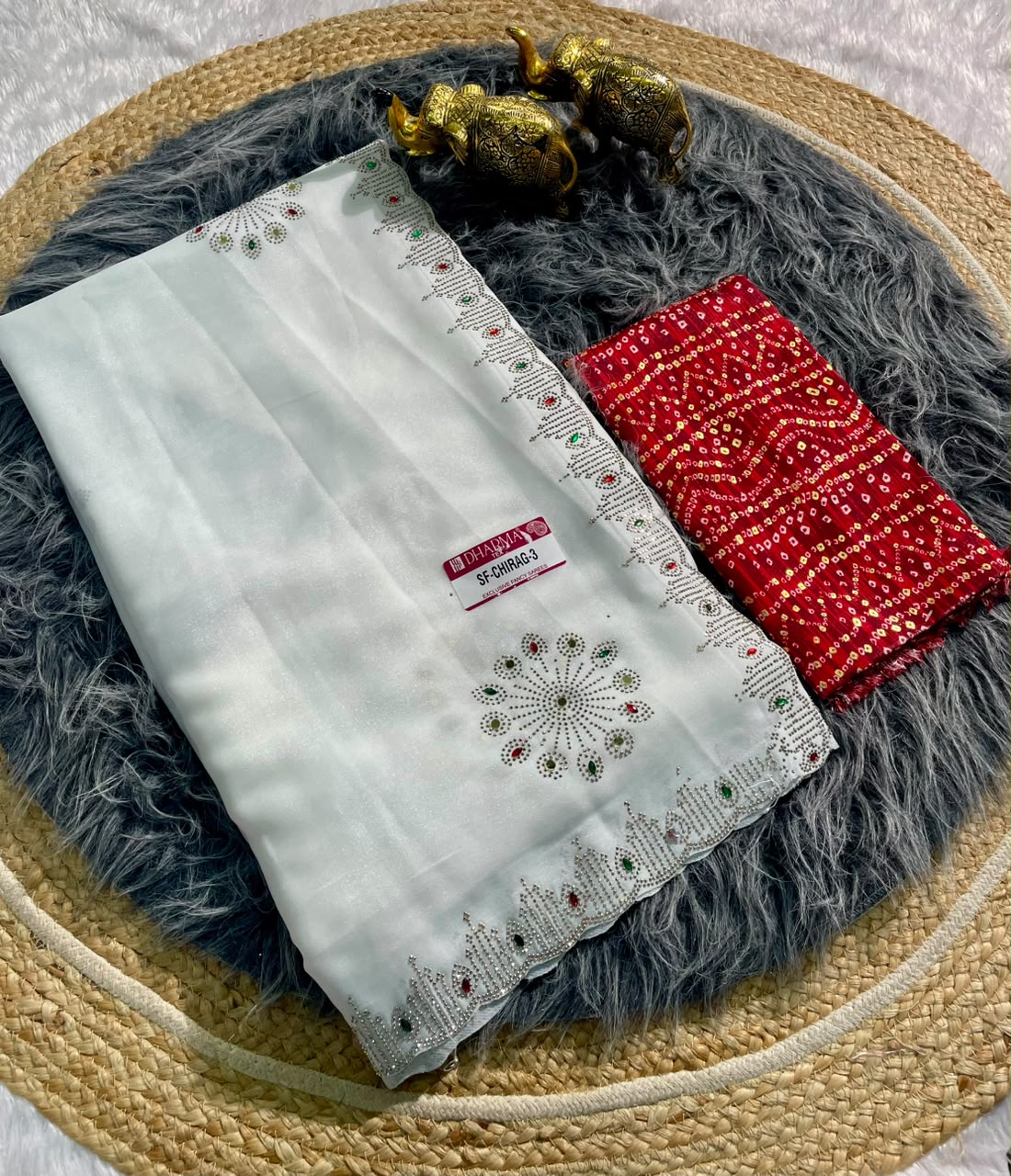 SF-CHIRAG-3 STAR GEORGETTE FABRIC SAREE WITH BEAUTIFUL DESIGN WITH MIRROR WORK WITH DMC SIROSKI WORK WITH BEAUTIFUL CONTRAST BANDHANI DESIGN BLOUSE