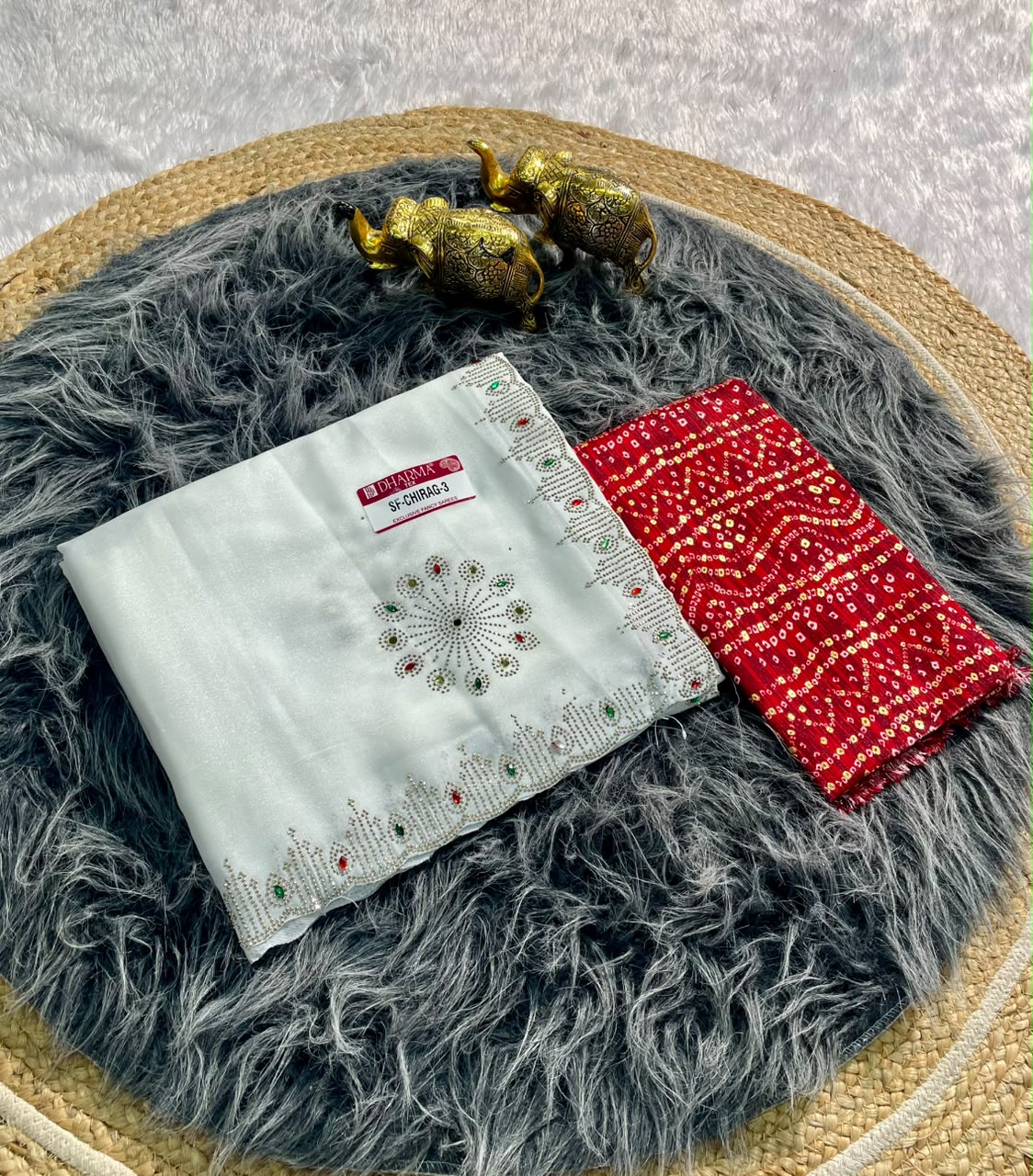 SF-CHIRAG-3 STAR GEORGETTE FABRIC SAREE WITH BEAUTIFUL DESIGN WITH MIRROR WORK WITH DMC SIROSKI WORK WITH BEAUTIFUL CONTRAST BANDHANI DESIGN BLOUSE