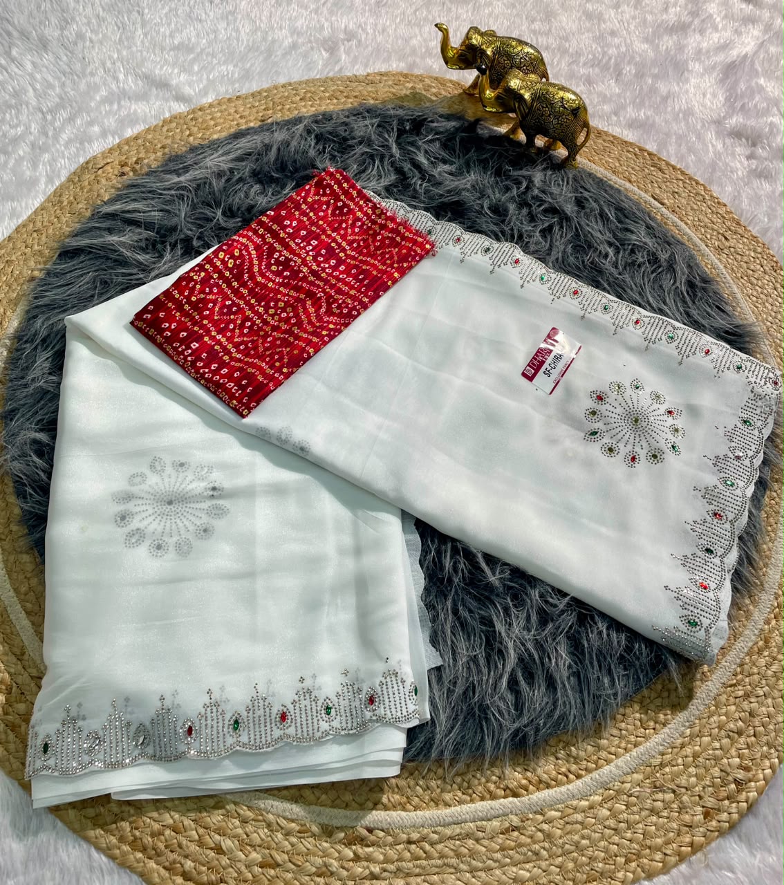 SF-CHIRAG-3 STAR GEORGETTE FABRIC SAREE WITH BEAUTIFUL DESIGN WITH MIRROR WORK WITH DMC SIROSKI WORK WITH BEAUTIFUL CONTRAST BANDHANI DESIGN BLOUSE