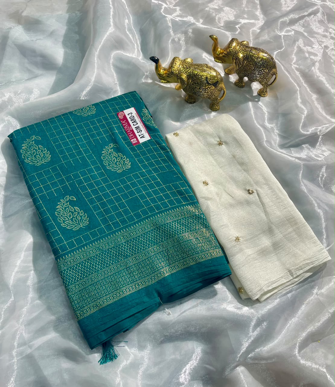 AT-SIM CARD-3  VICHITRA FABRIC SAREE WITH BEAUTIFUL DESIGN WITH ZIGZAG DESIGN WITH BEAUTIFUL BUTTA DESIGN WITH TASSELS WITH BLOUSE