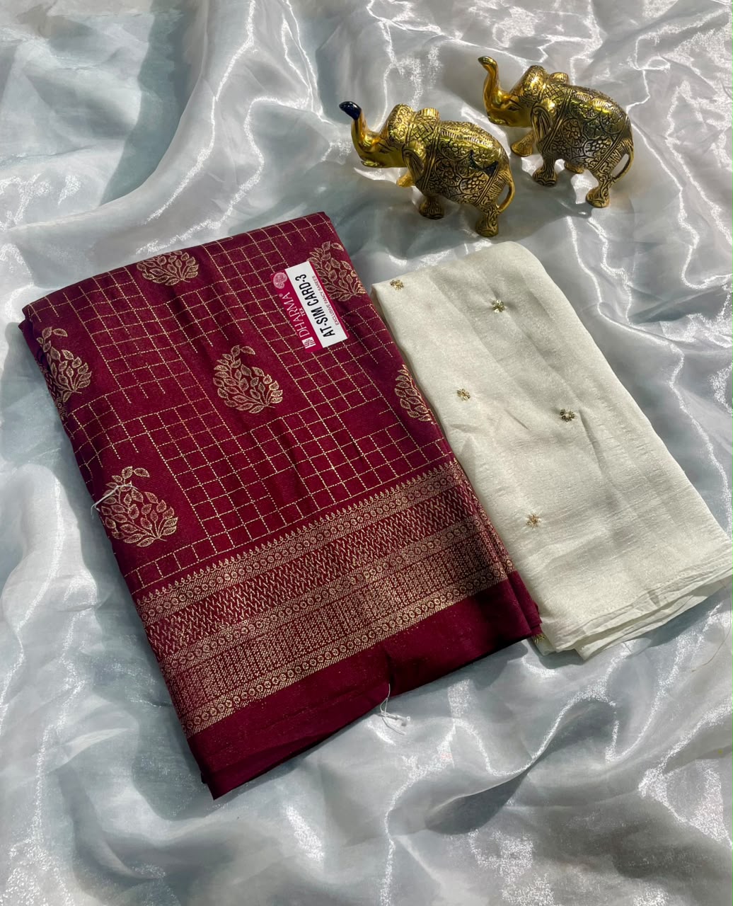 AT-SIM CARD-3  VICHITRA FABRIC SAREE WITH BEAUTIFUL DESIGN WITH ZIGZAG DESIGN WITH BEAUTIFUL BUTTA DESIGN WITH TASSELS WITH BLOUSE