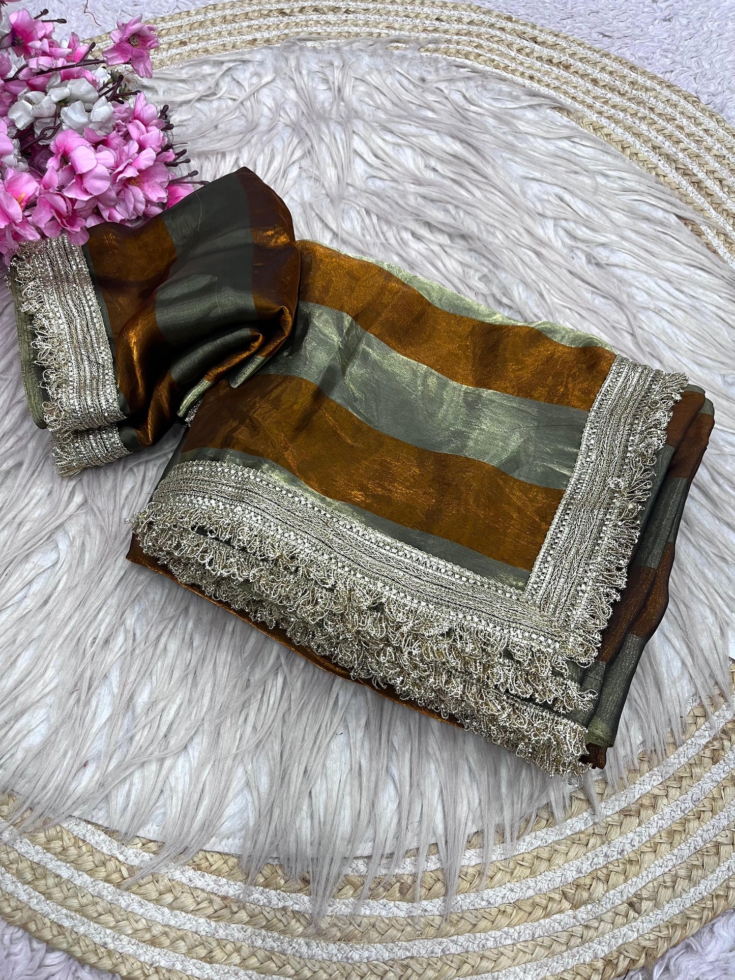 DF-MAGIC SATIN PATTA FABRIC SAREE WITH BEAUTIFUL DESIGN WITH BEAUTIFUL LACE ON SAREE WITH BLOUSE