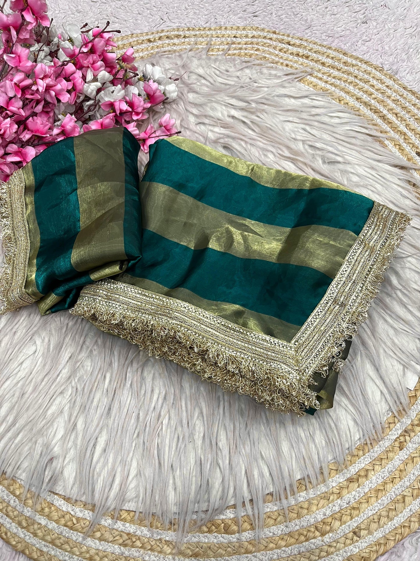 DF-MAGIC SATIN PATTA FABRIC SAREE WITH BEAUTIFUL DESIGN WITH BEAUTIFUL LACE ON SAREE WITH BLOUSE