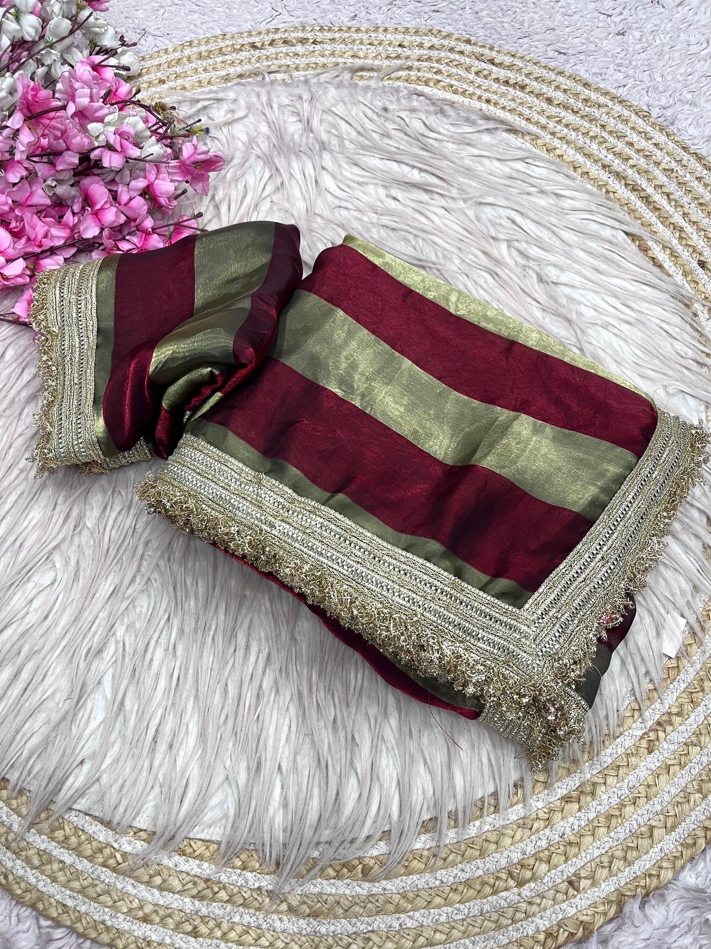 DF-MAGIC SATIN PATTA FABRIC SAREE WITH BEAUTIFUL DESIGN WITH BEAUTIFUL LACE ON SAREE WITH BLOUSE