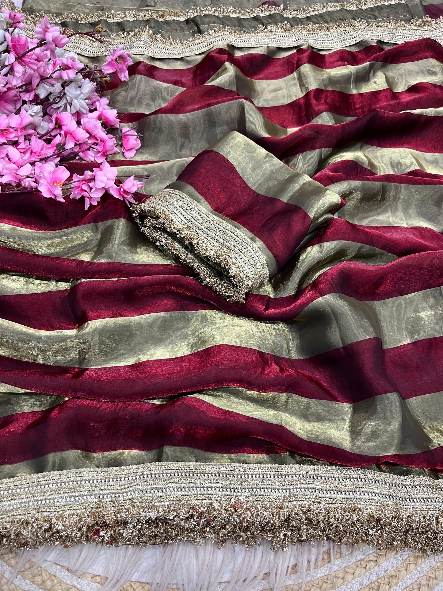 DF-MAGIC SATIN PATTA FABRIC SAREE WITH BEAUTIFUL DESIGN WITH BEAUTIFUL LACE ON SAREE WITH BLOUSE