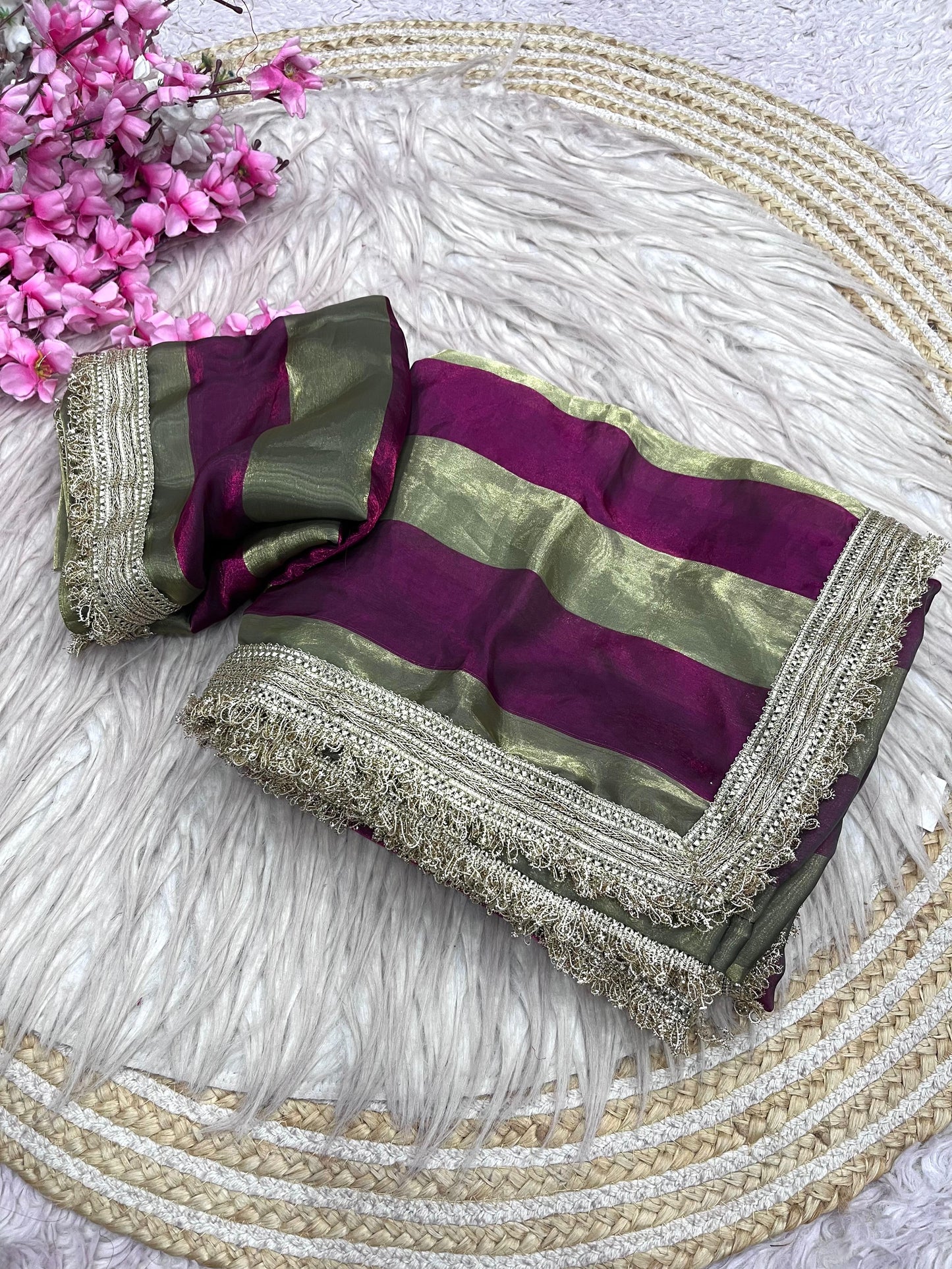 DF-MAGIC SATIN PATTA FABRIC SAREE WITH BEAUTIFUL DESIGN WITH BEAUTIFUL LACE ON SAREE WITH BLOUSE