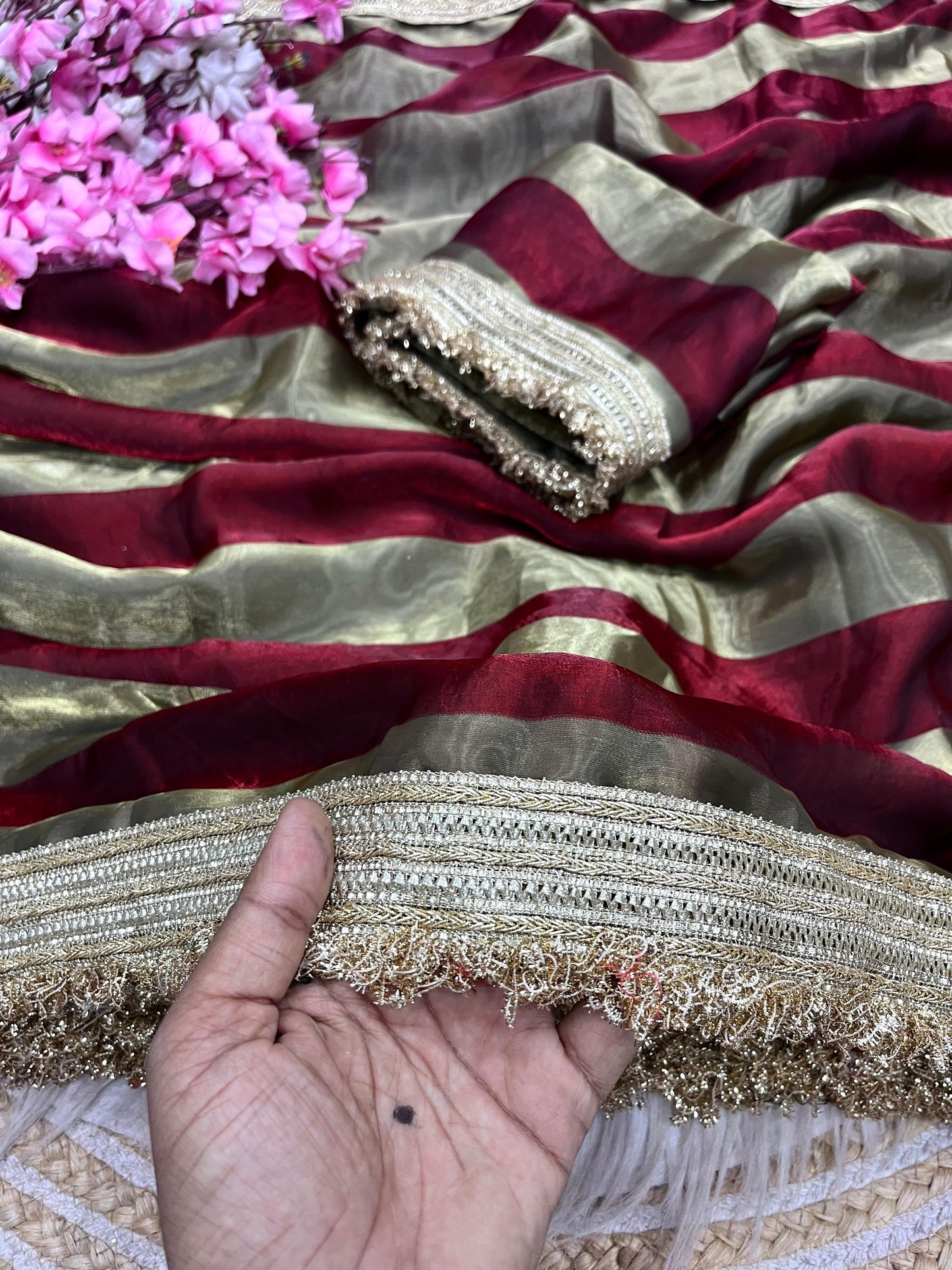 DF-MAGIC SATIN PATTA FABRIC SAREE WITH BEAUTIFUL DESIGN WITH BEAUTIFUL LACE ON SAREE WITH BLOUSE