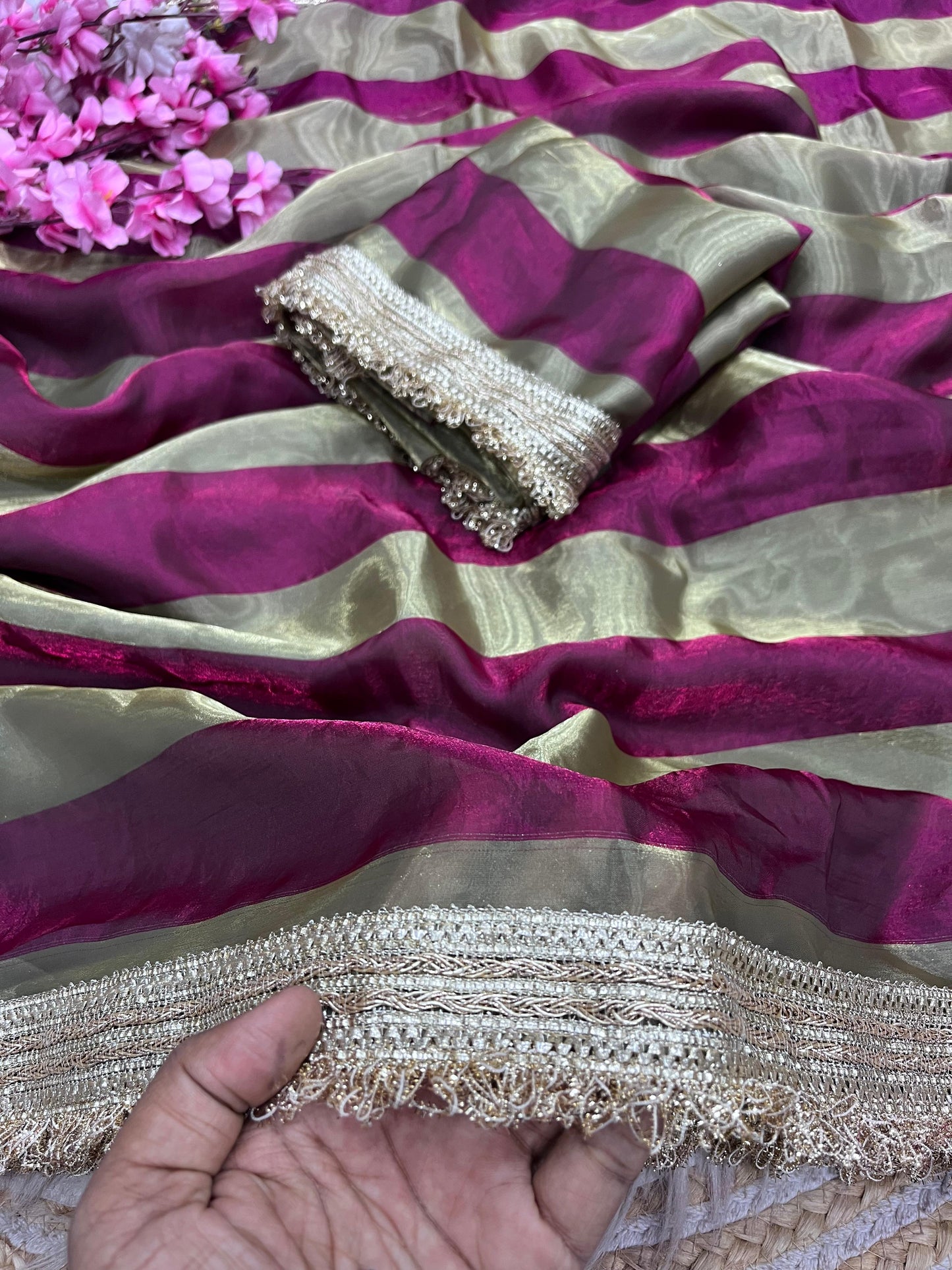 DF-MAGIC SATIN PATTA FABRIC SAREE WITH BEAUTIFUL DESIGN WITH BEAUTIFUL LACE ON SAREE WITH BLOUSE