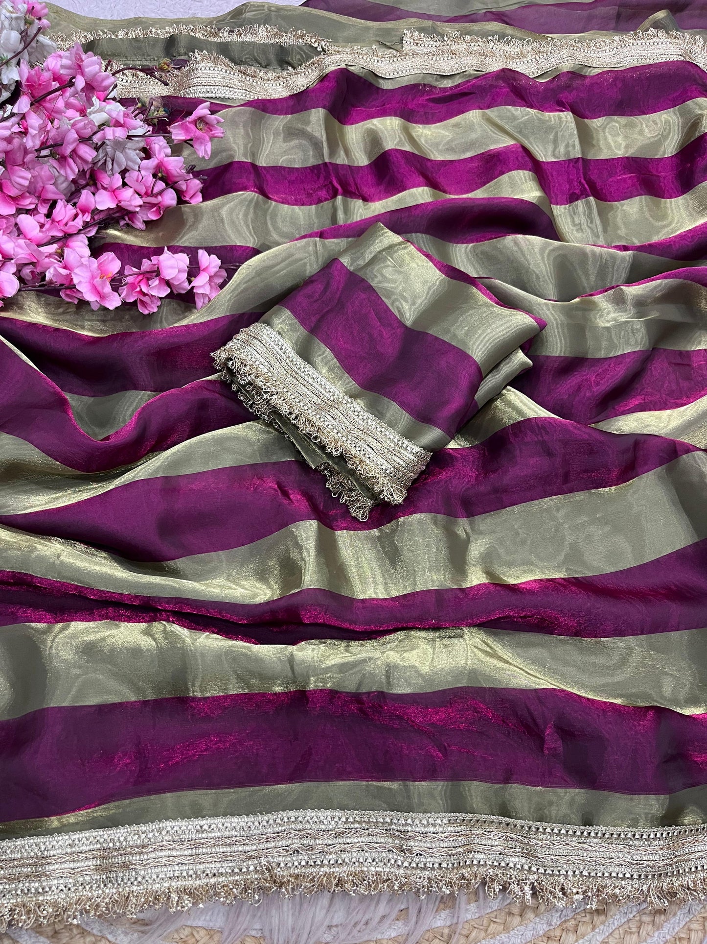 DF-MAGIC SATIN PATTA FABRIC SAREE WITH BEAUTIFUL DESIGN WITH BEAUTIFUL LACE ON SAREE WITH BLOUSE
