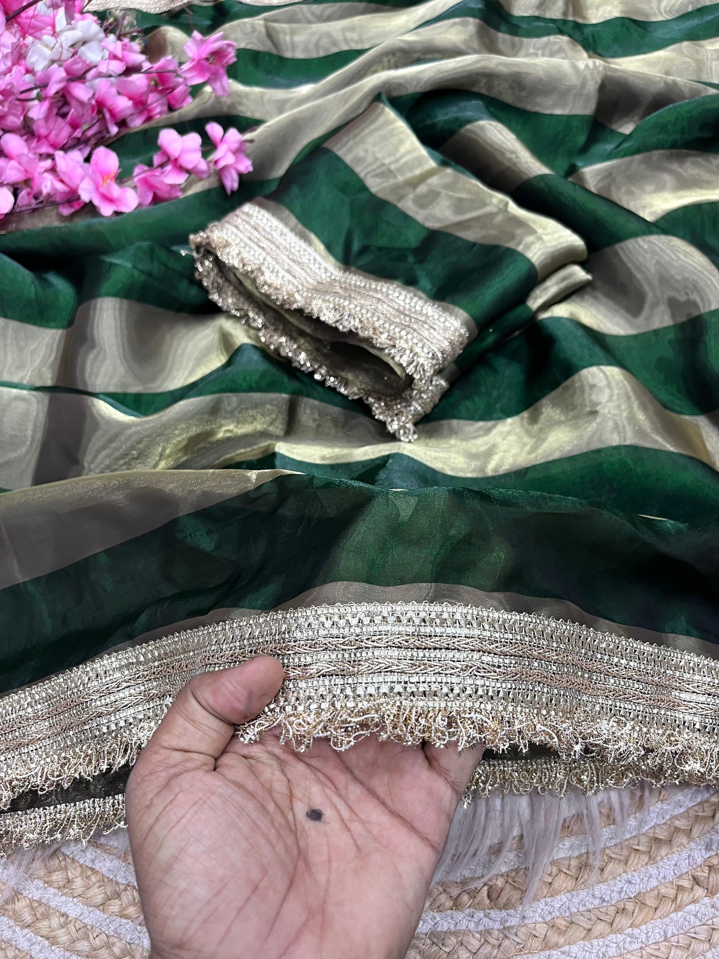 DF-MAGIC SATIN PATTA FABRIC SAREE WITH BEAUTIFUL DESIGN WITH BEAUTIFUL LACE ON SAREE WITH BLOUSE