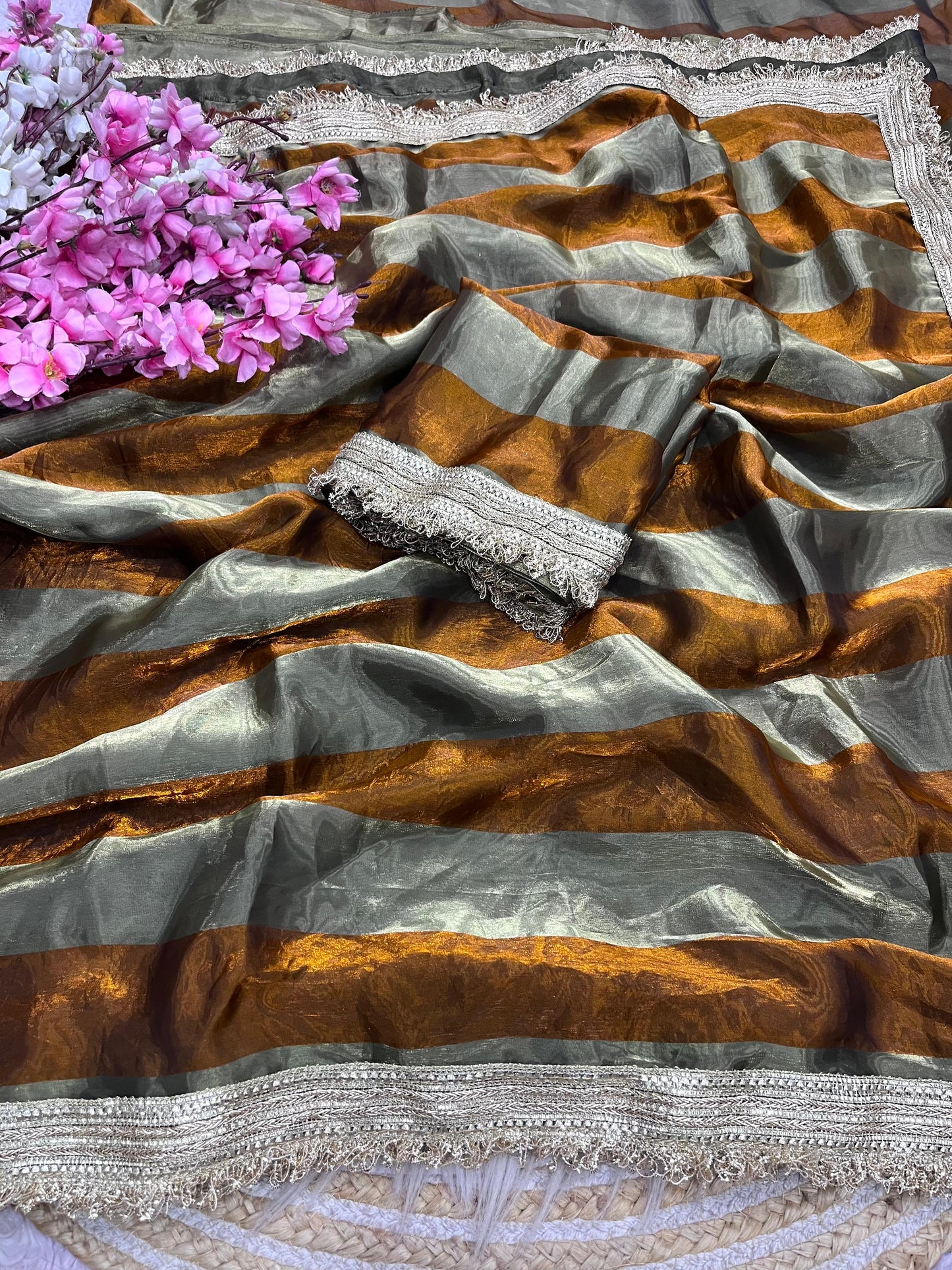 DF-MAGIC SATIN PATTA FABRIC SAREE WITH BEAUTIFUL DESIGN WITH BEAUTIFUL LACE ON SAREE WITH BLOUSE