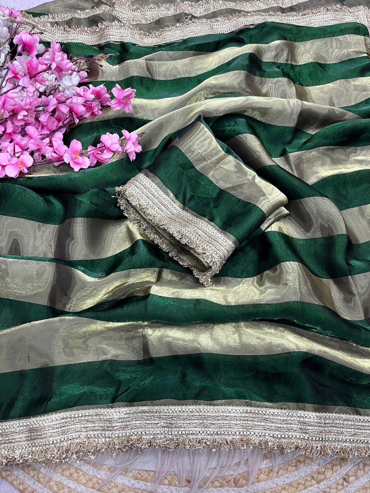 DF-MAGIC SATIN PATTA FABRIC SAREE WITH BEAUTIFUL DESIGN WITH BEAUTIFUL LACE ON SAREE WITH BLOUSE