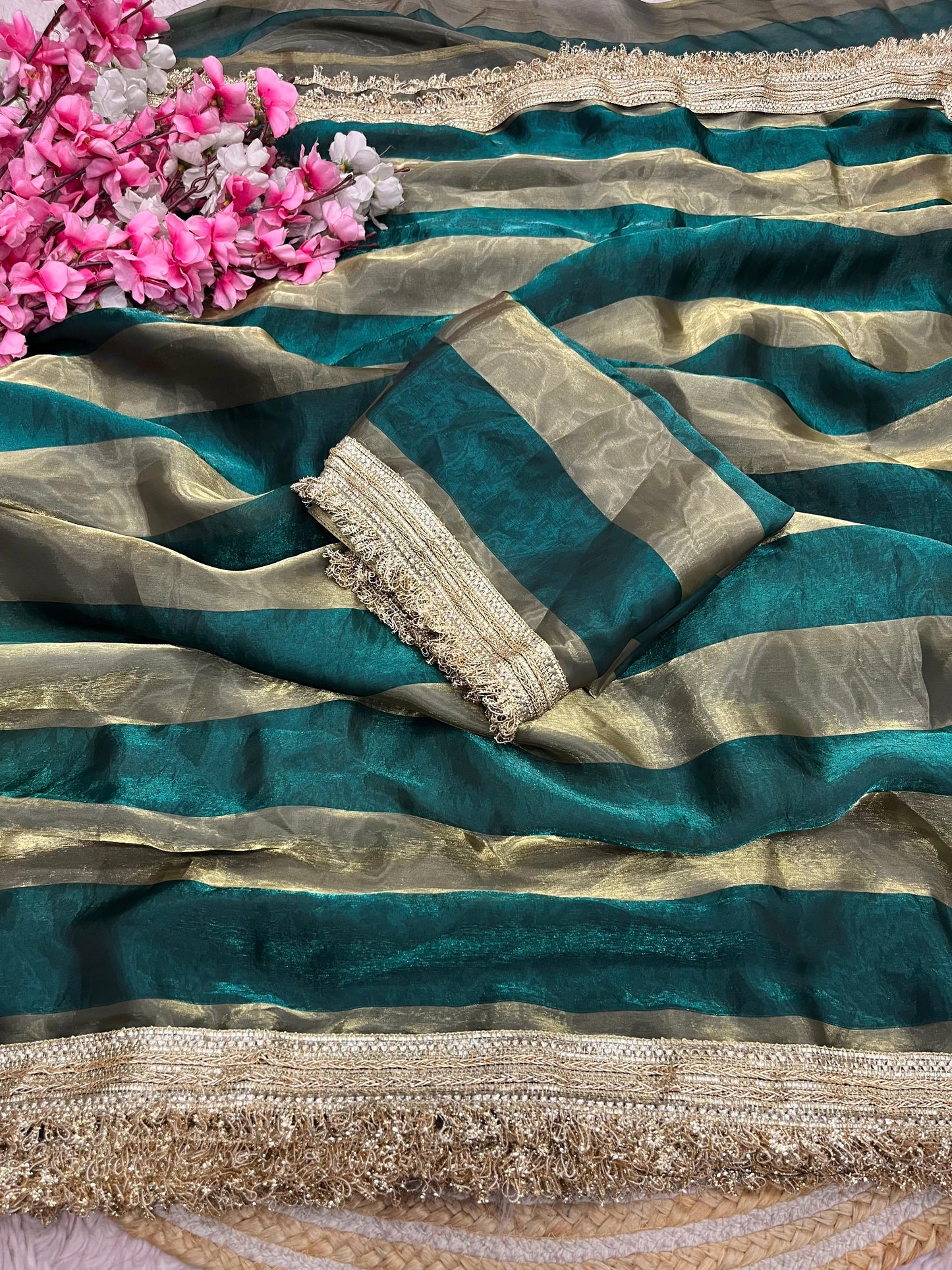 DF-MAGIC SATIN PATTA FABRIC SAREE WITH BEAUTIFUL DESIGN WITH BEAUTIFUL LACE ON SAREE WITH BLOUSE