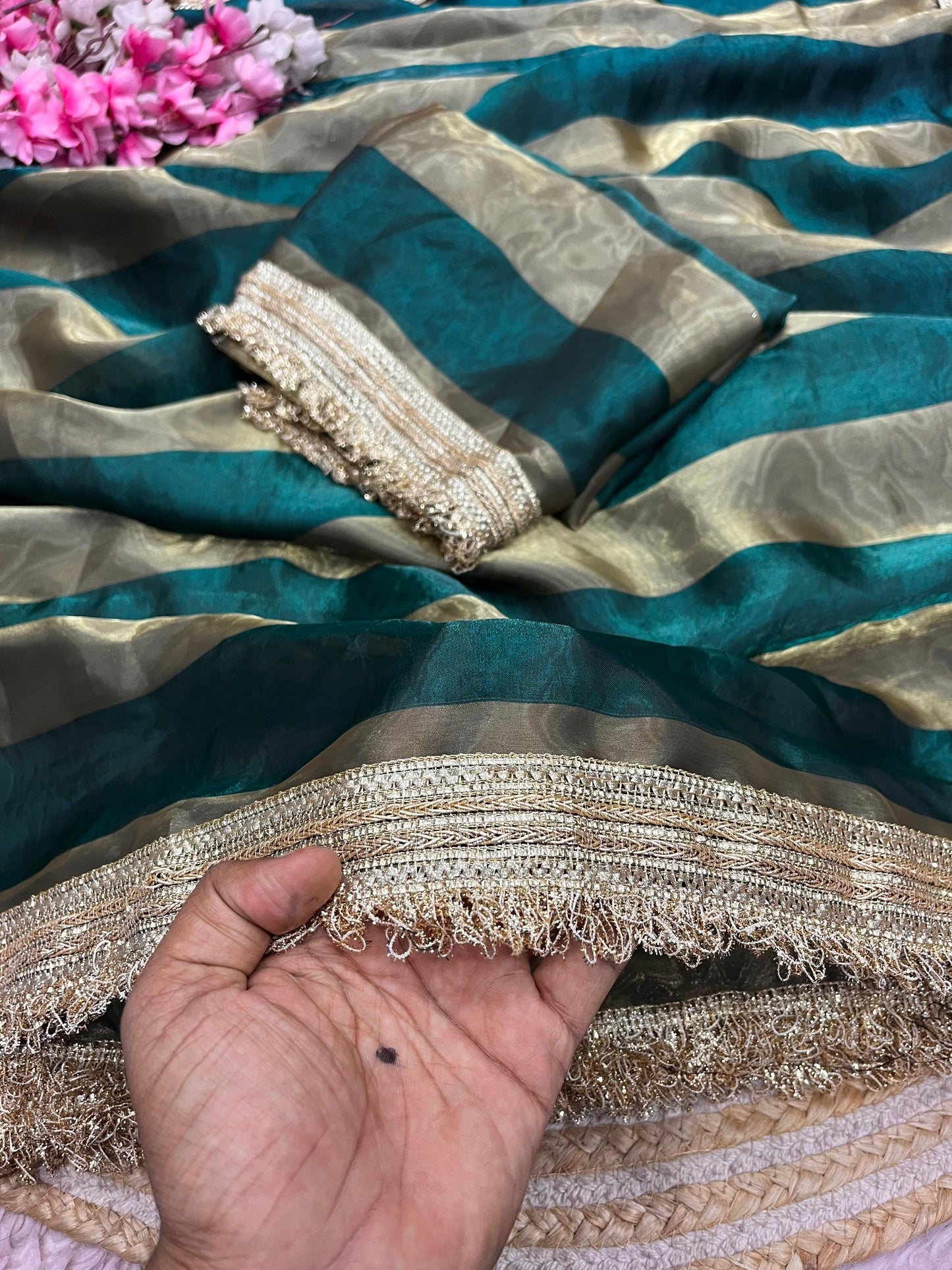 DF-MAGIC SATIN PATTA FABRIC SAREE WITH BEAUTIFUL DESIGN WITH BEAUTIFUL LACE ON SAREE WITH BLOUSE