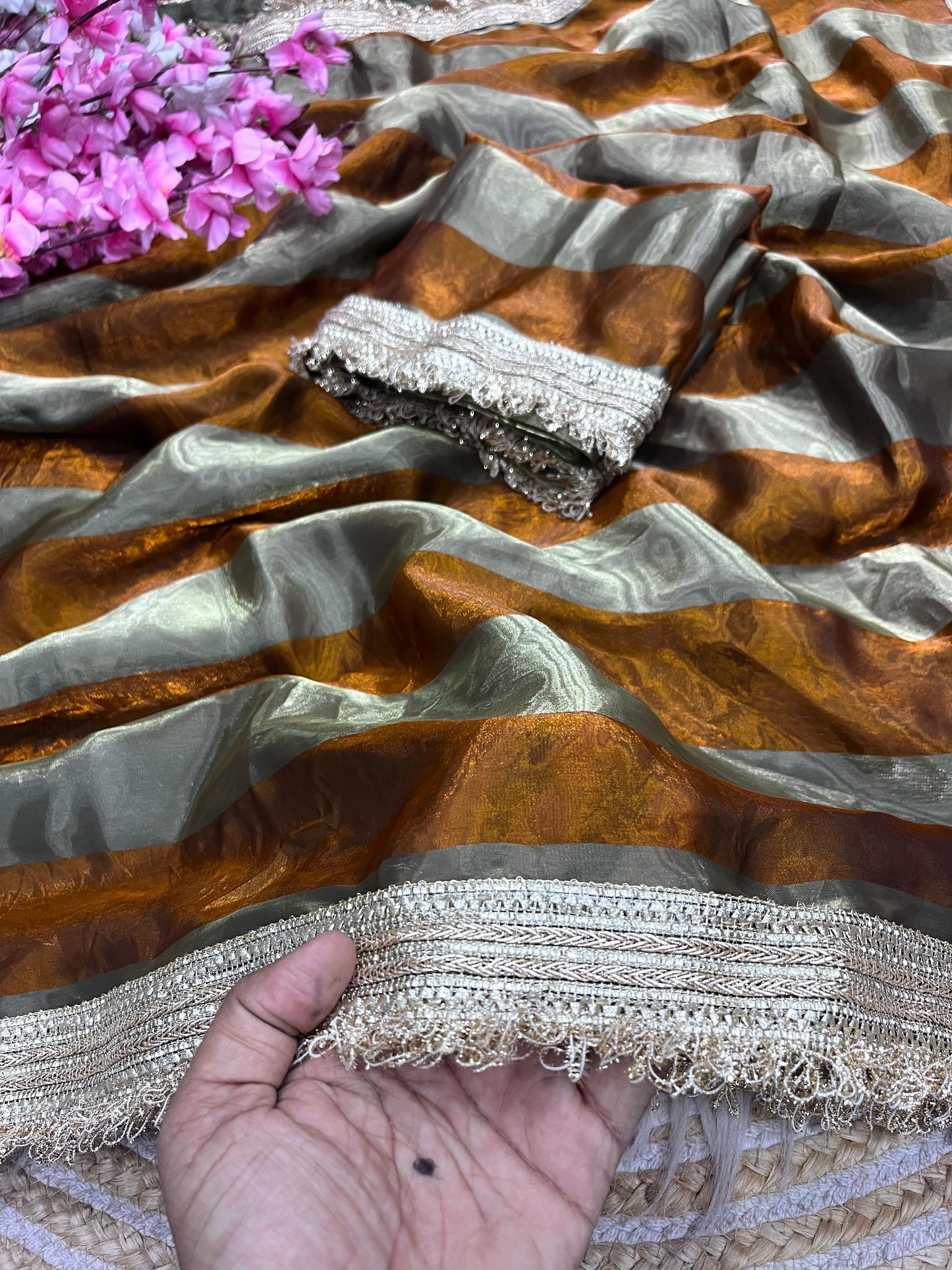 DF-MAGIC SATIN PATTA FABRIC SAREE WITH BEAUTIFUL DESIGN WITH BEAUTIFUL LACE ON SAREE WITH BLOUSE