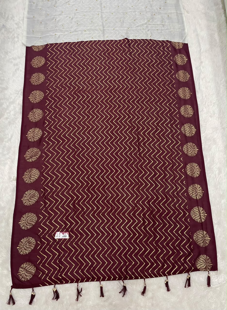AT-SIM CARD VICHITRA FABRIC SAREE WITH BEAUTIFUL DESIGN WITH ZIGZAG DESIGN WITH BEAUTIFUL BUTTA DESIGN WITH TASSELS WITH BLOUSE