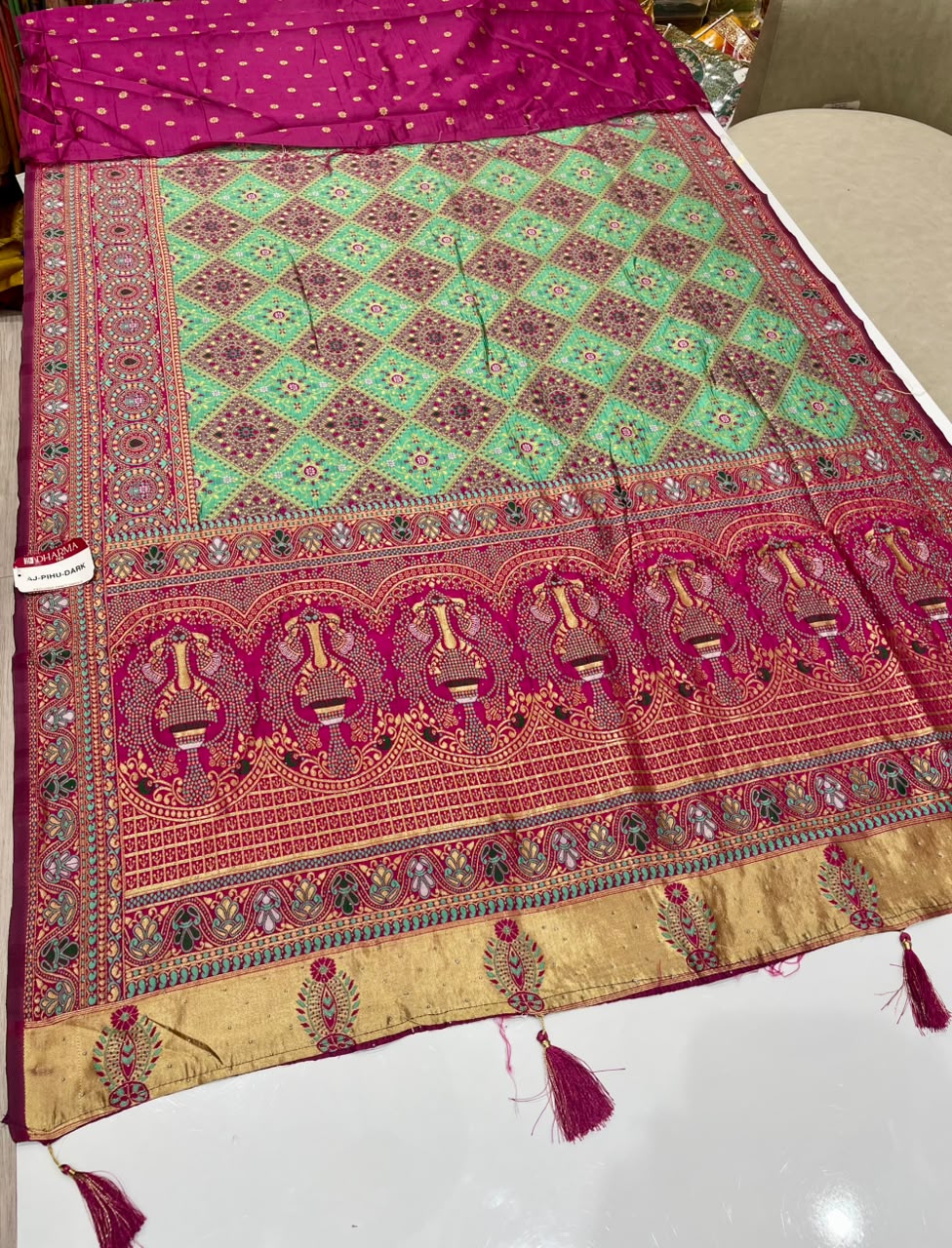 AJ-PIHU-DARK  CHAMPION FABRIC SAREE WITH BEAUTIFUL RICH PALLU DESIGN WITH LAGNI PATTA WORK WITH MEENAKARI WORK WITH HEAVY DESIGN ON SAREE WITH BLOUSE
