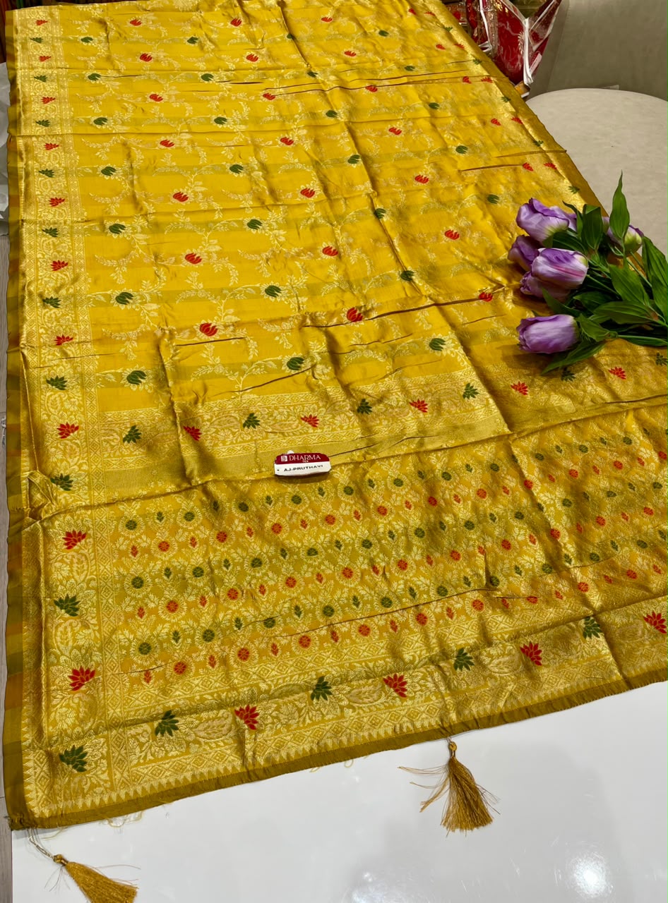 AJ-PRUTHAVI CHAMPION SILK FABRIC SAREE WITH RICH PALLU DESIGN WITH BEAUTIFUL DESIGN WITH MEENAKARI WORK WITH HEAVY JHAL DESIGN ON BODY WITH PIPING AND LATKAN WITH BLOUSE