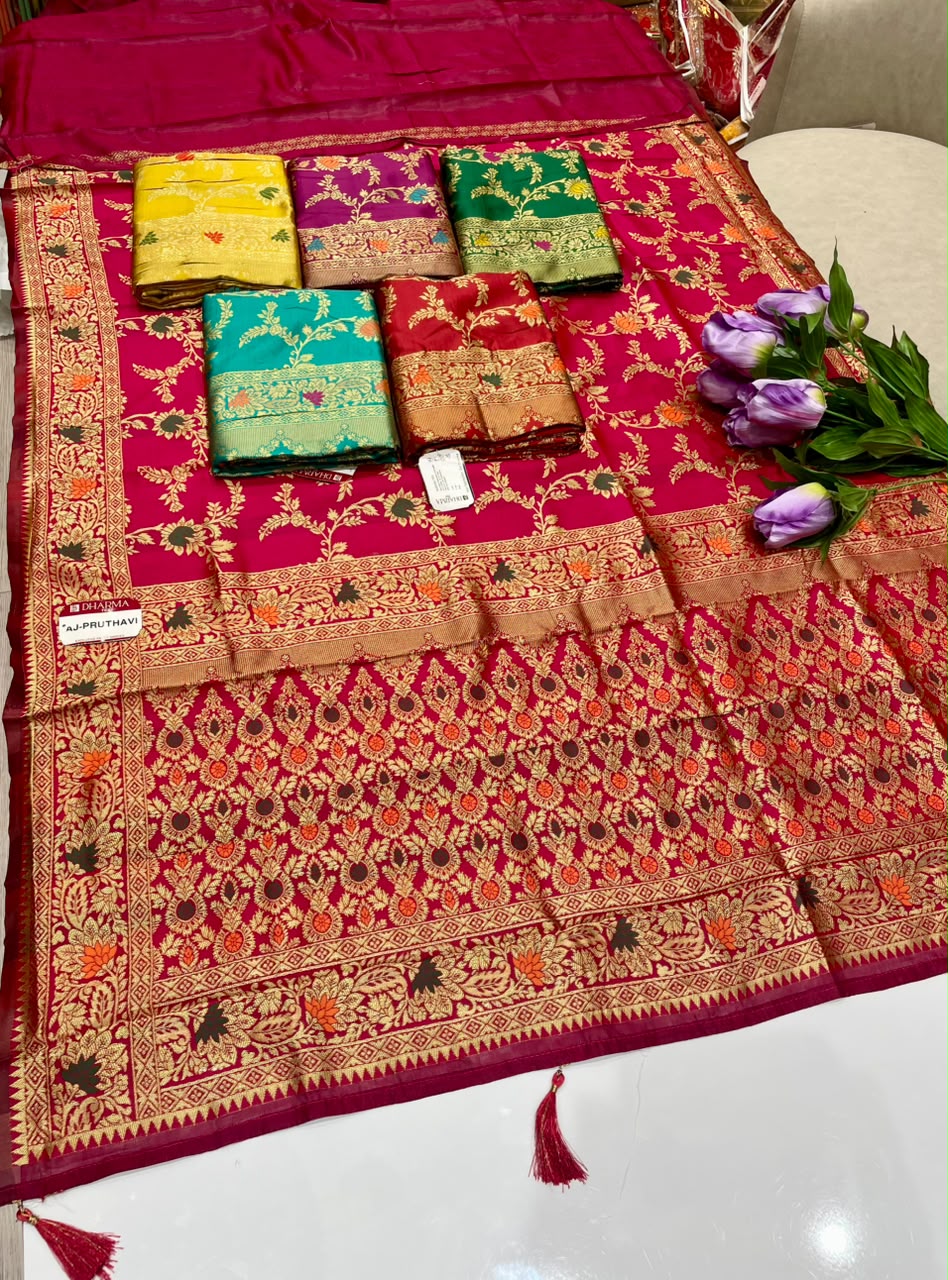 AJ-PRUTHAVI CHAMPION SILK FABRIC SAREE WITH RICH PALLU DESIGN WITH BEAUTIFUL DESIGN WITH MEENAKARI WORK WITH HEAVY JHAL DESIGN ON BODY WITH PIPING AND LATKAN WITH BLOUSE