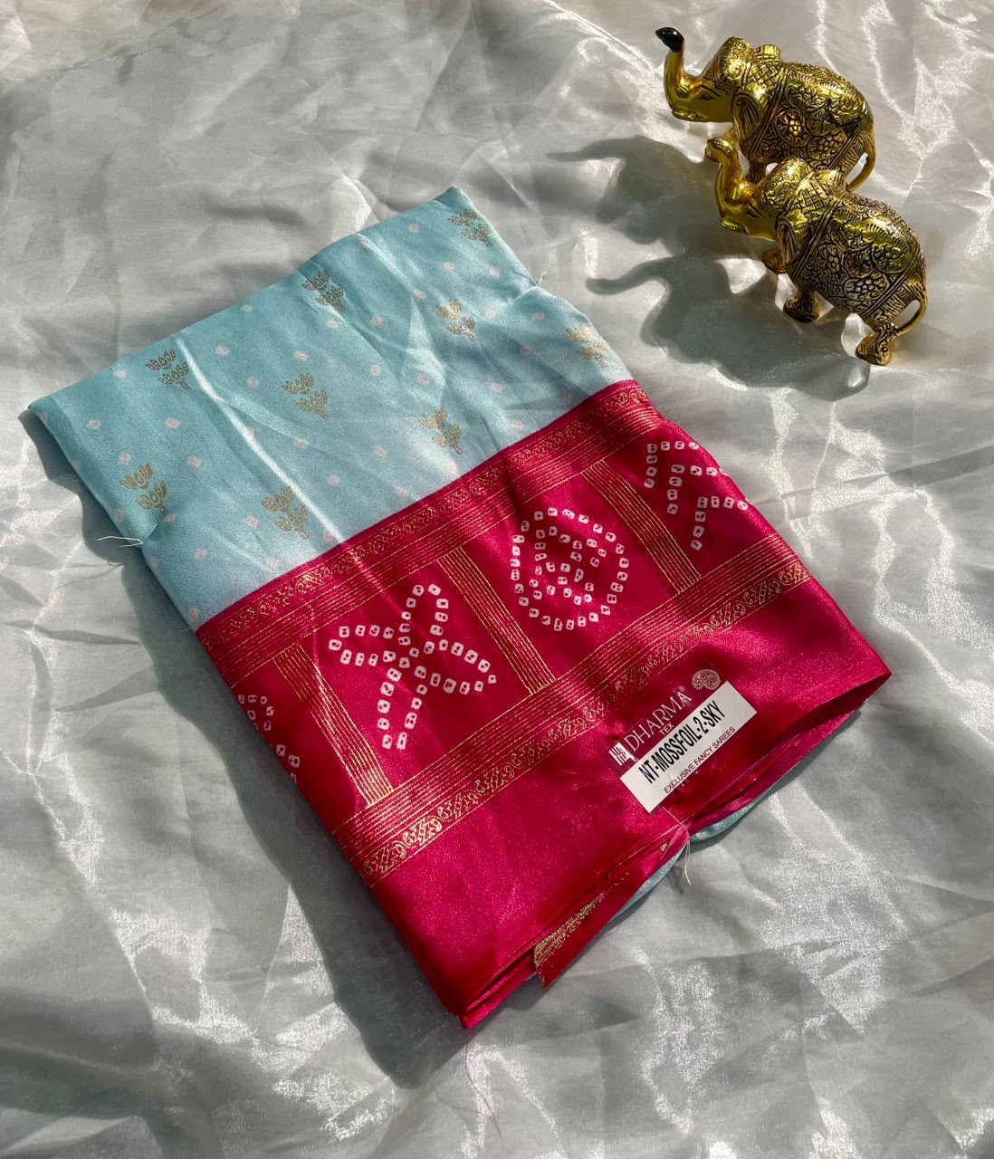 NT-MOSSFOIL-2-SKY BRIGHT MOSS FABRIC SAREE WITH RICH PALLU DESIGN WITH BANDHANI INSPIRED DESIGN WITH BLOUSE
