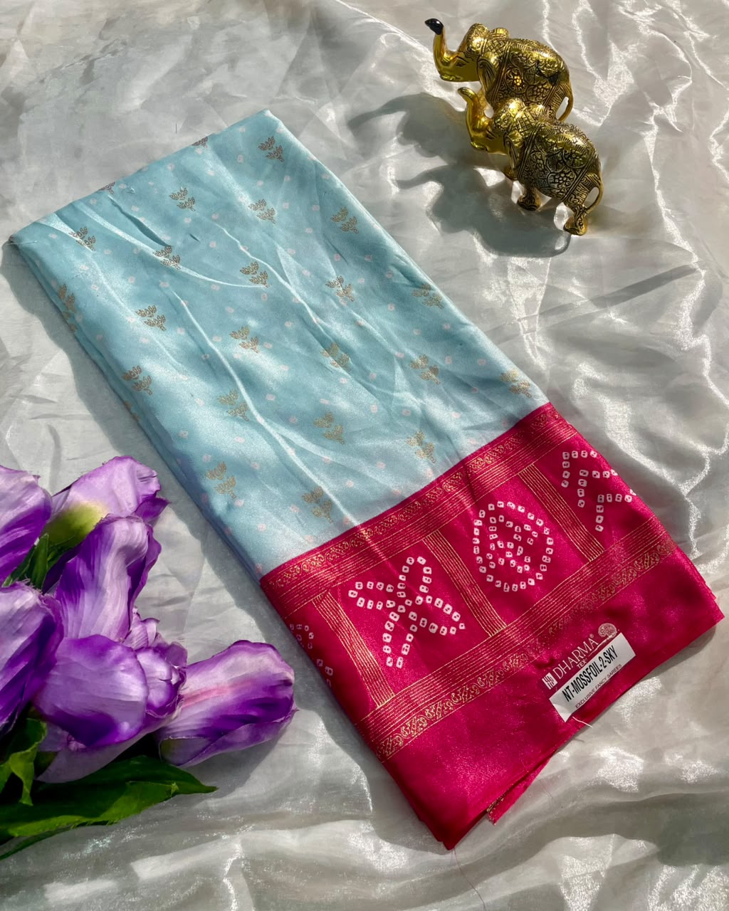 NT-MOSSFOIL-2-SKY BRIGHT MOSS FABRIC SAREE WITH RICH PALLU DESIGN WITH BANDHANI INSPIRED DESIGN WITH BLOUSE