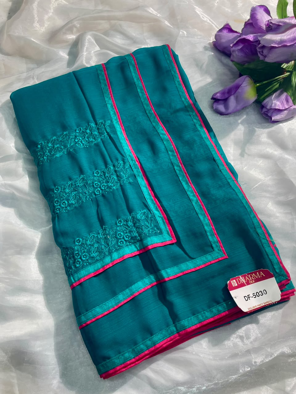 DF-5030 FANCY FABRIC SAREE WITH BEAUTIFUL DESIGN WITH EMBRODIERY WORK WITH PIPING WITH BLOUSE