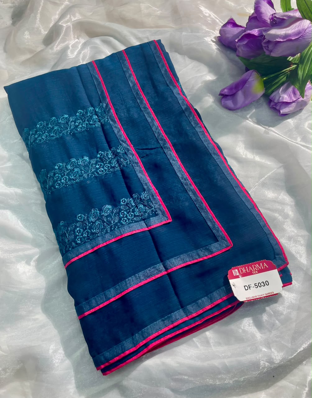 DF-5030 FANCY FABRIC SAREE WITH BEAUTIFUL DESIGN WITH EMBRODIERY WORK WITH PIPING WITH BLOUSE