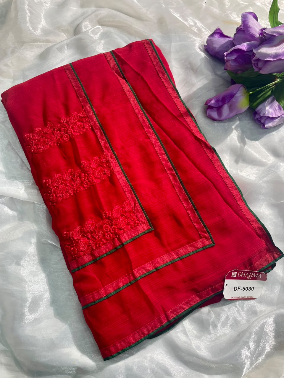 DF-5030 FANCY FABRIC SAREE WITH BEAUTIFUL DESIGN WITH EMBRODIERY WORK WITH PIPING WITH BLOUSE