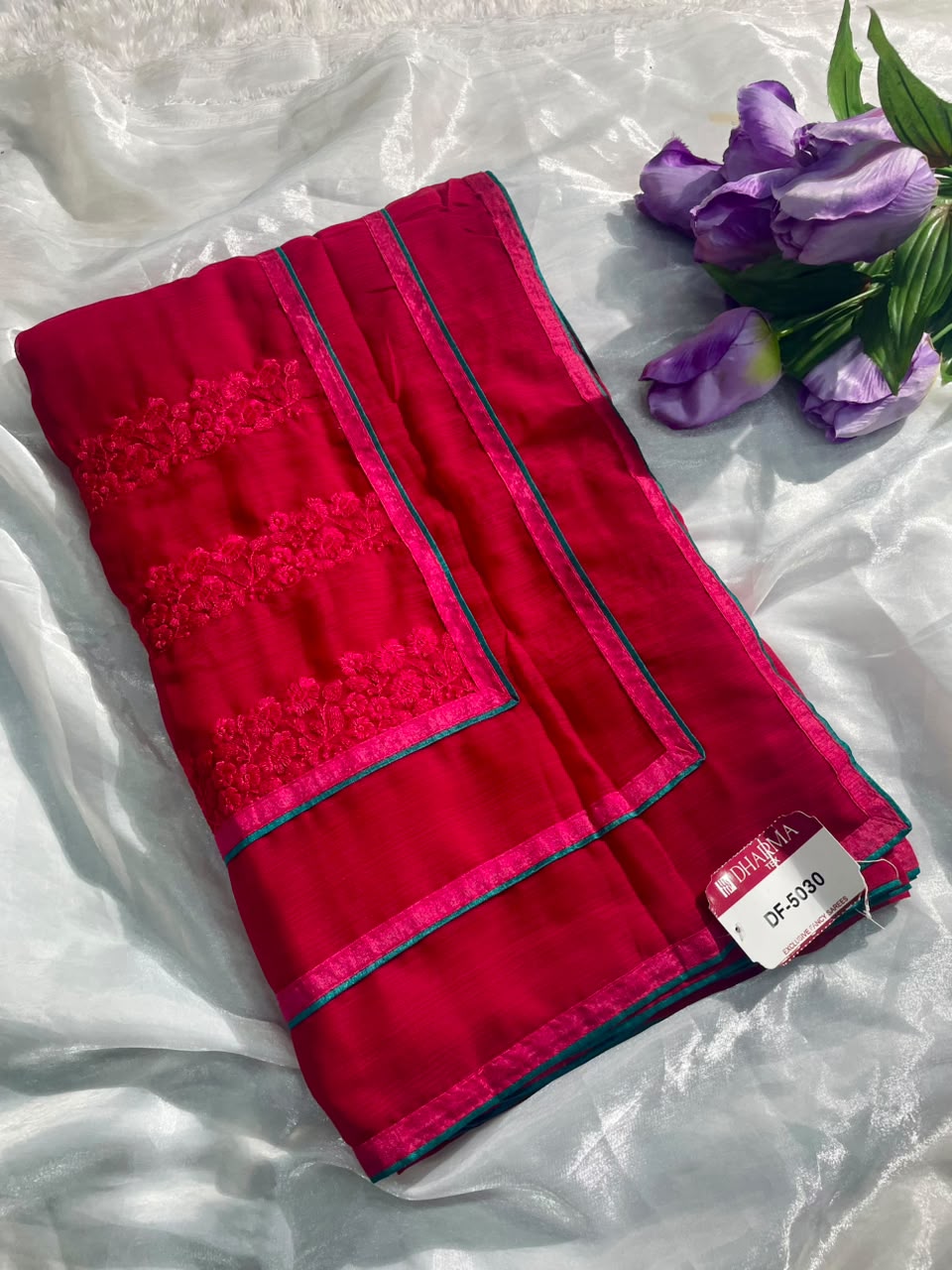 DF-5030 FANCY FABRIC SAREE WITH BEAUTIFUL DESIGN WITH EMBRODIERY WORK WITH PIPING WITH BLOUSE