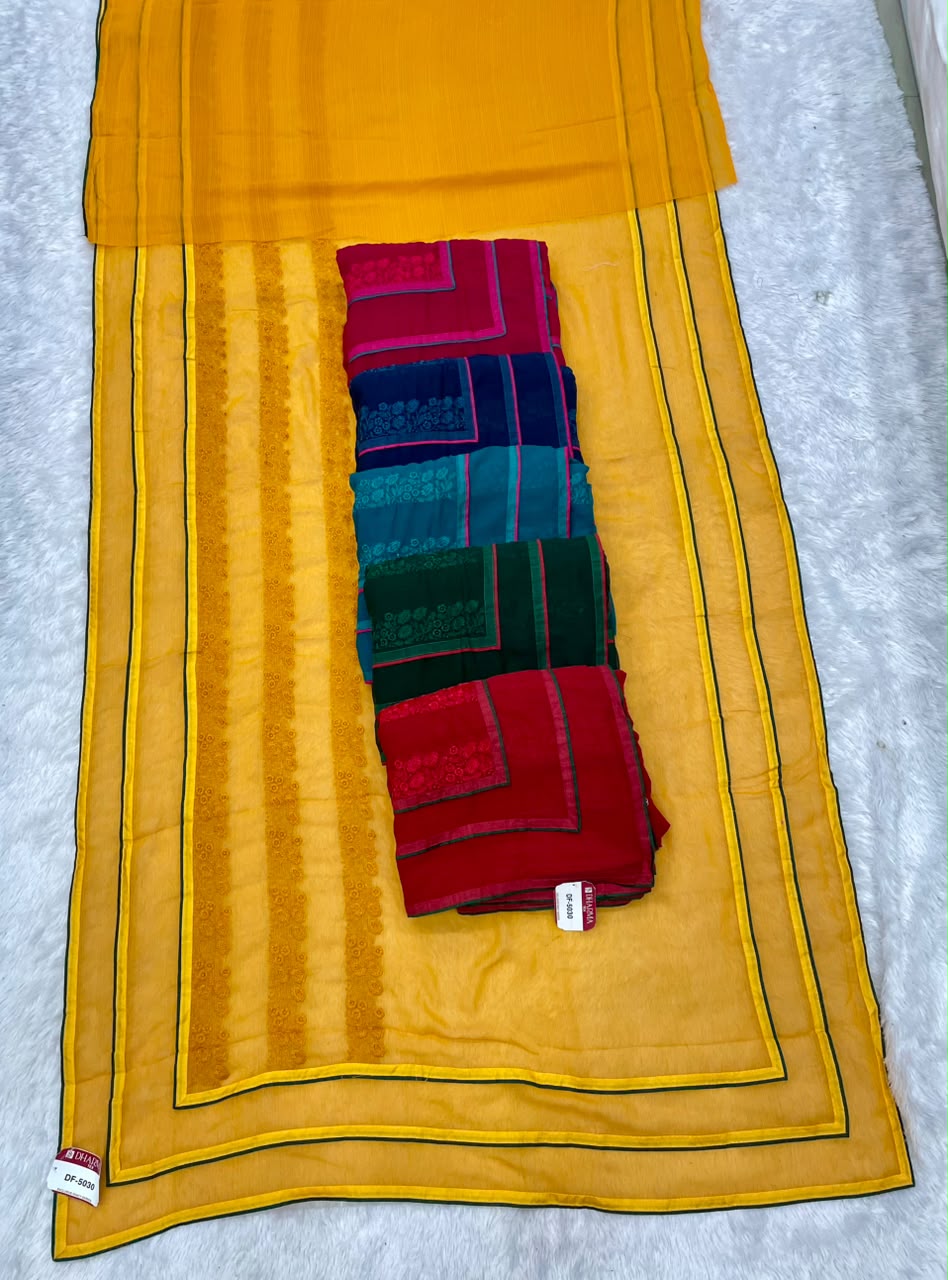 DF-5030 FANCY FABRIC SAREE WITH BEAUTIFUL DESIGN WITH EMBRODIERY WORK WITH PIPING WITH BLOUSE