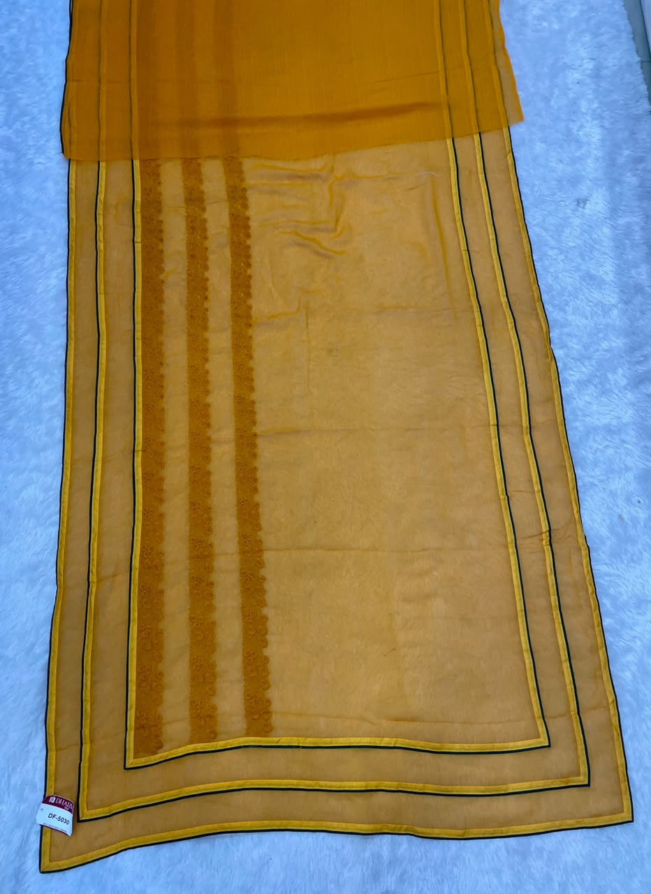 DF-5030 FANCY FABRIC SAREE WITH BEAUTIFUL DESIGN WITH EMBRODIERY WORK WITH PIPING WITH BLOUSE