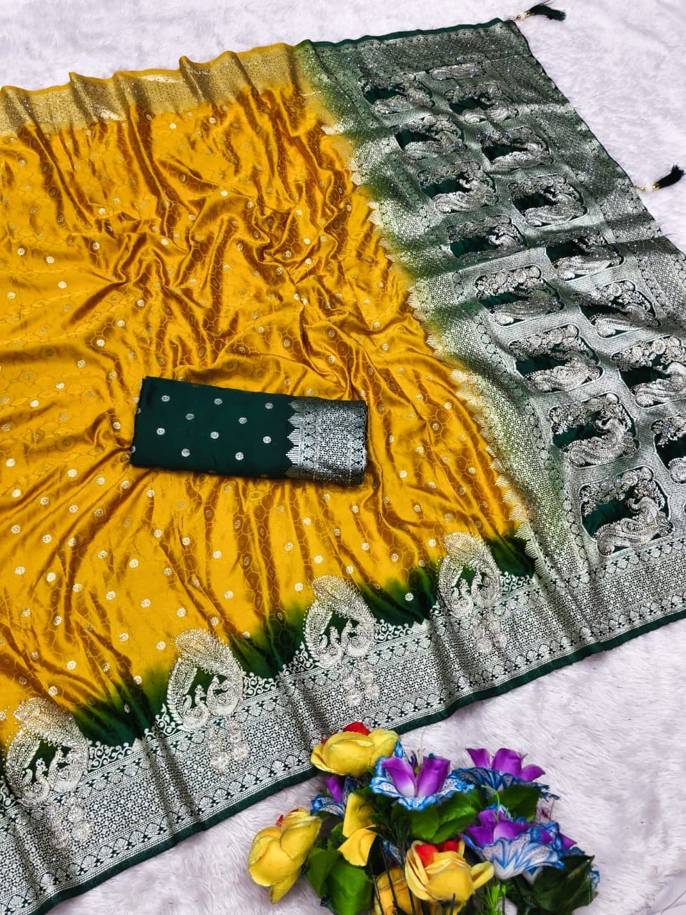 AJ-ROOPREKHA SATIN SILK SAREE WITH BEAUTIFUL JARKAN WORK ALL OVER WITH RICH PALLU PEACOCK DESIGN