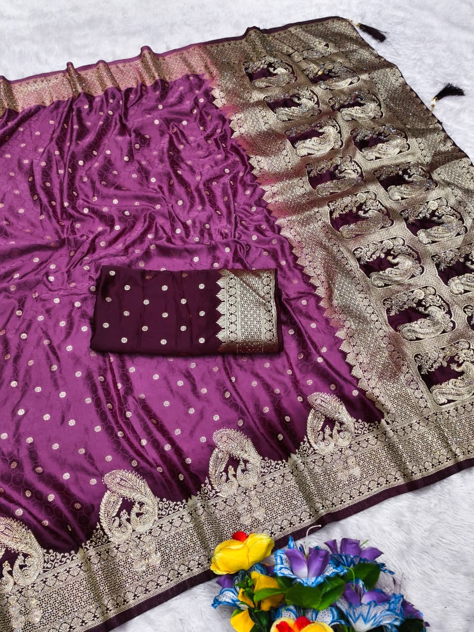 AJ-ROOPREKHA SATIN SILK SAREE WITH BEAUTIFUL JARKAN WORK ALL OVER WITH RICH PALLU PEACOCK DESIGN