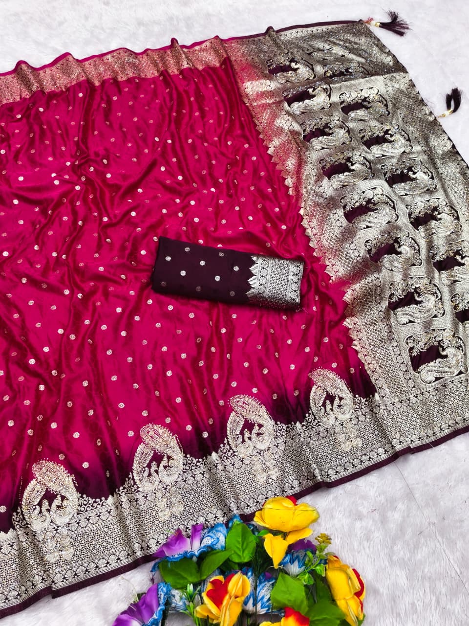 AJ-ROOPREKHA SATIN SILK SAREE WITH BEAUTIFUL JARKAN WORK ALL OVER WITH RICH PALLU PEACOCK DESIGN