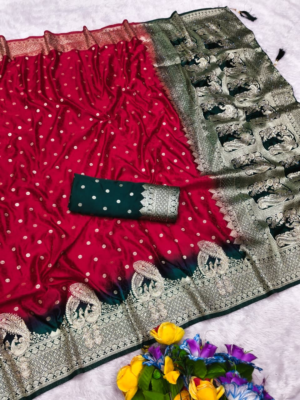 AJ-ROOPREKHA SATIN SILK SAREE WITH BEAUTIFUL JARKAN WORK ALL OVER WITH RICH PALLU PEACOCK DESIGN