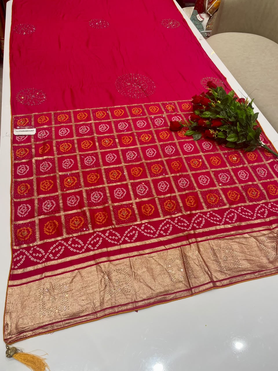 AJ-PARAMOUNT DOLA SILK FABRIC SAREE WITH BEAUTIFUL DESIGN WITH HEAVY RICH PALLU DESIGN WITH BOX DESIGN WITH LAGNI PATTA WORK WITH DIAMOND WORK WITH PIPING AND YTASSELS WITH BLOUSE