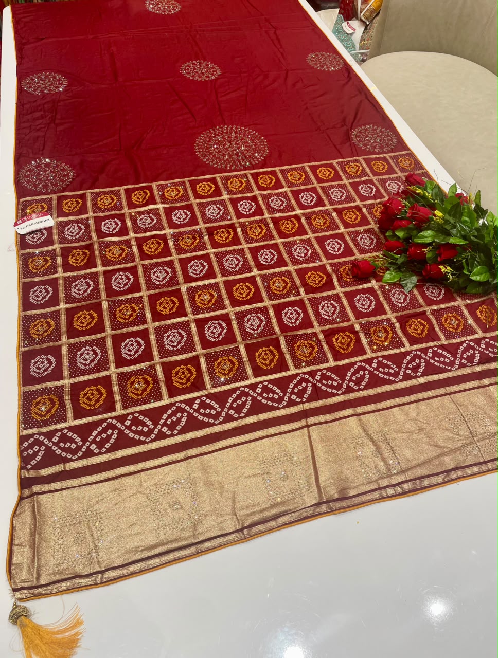 AJ-PARAMOUNT DOLA SILK FABRIC SAREE WITH BEAUTIFUL DESIGN WITH HEAVY RICH PALLU DESIGN WITH BOX DESIGN WITH LAGNI PATTA WORK WITH DIAMOND WORK WITH PIPING AND YTASSELS WITH BLOUSE