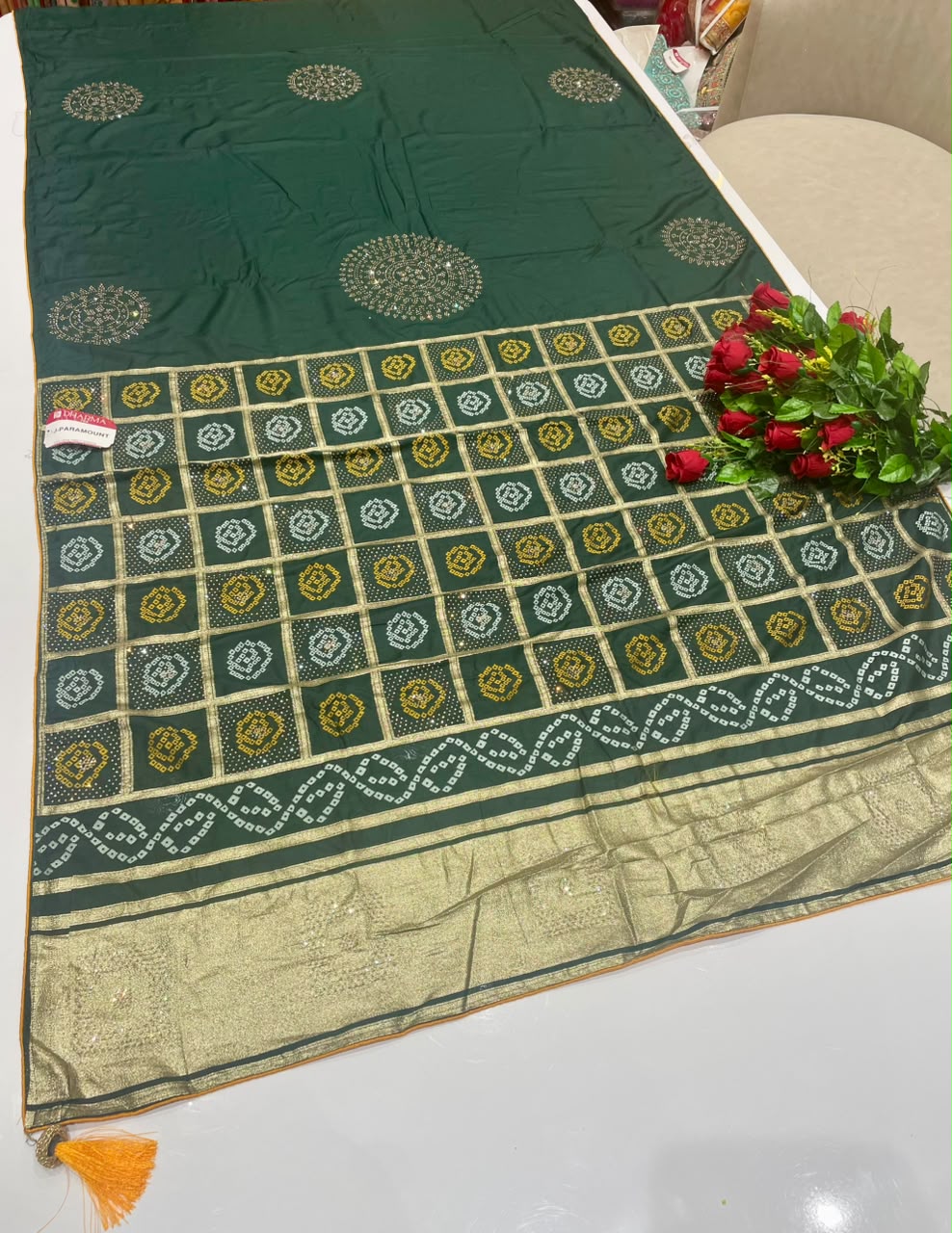 AJ-PARAMOUNT DOLA SILK FABRIC SAREE WITH BEAUTIFUL DESIGN WITH HEAVY RICH PALLU DESIGN WITH BOX DESIGN WITH LAGNI PATTA WORK WITH DIAMOND WORK WITH PIPING AND YTASSELS WITH BLOUSE