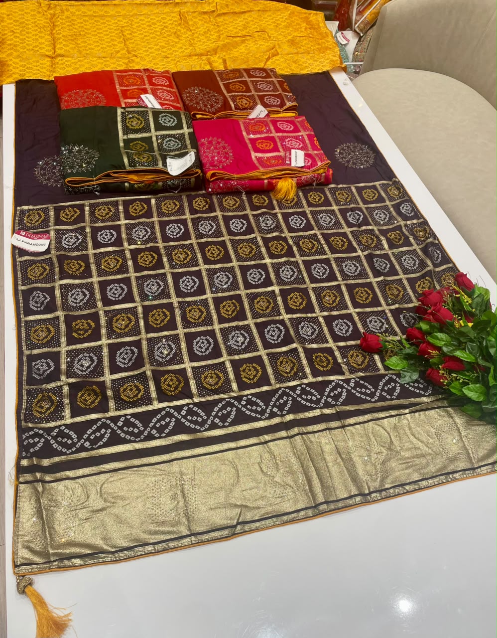 AJ-PARAMOUNT DOLA SILK FABRIC SAREE WITH BEAUTIFUL DESIGN WITH HEAVY RICH PALLU DESIGN WITH BOX DESIGN WITH LAGNI PATTA WORK WITH DIAMOND WORK WITH PIPING AND YTASSELS WITH BLOUSE