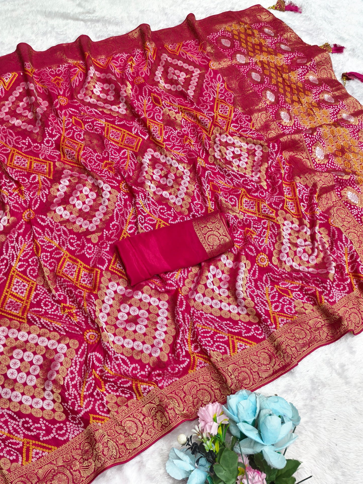 AJ-TANUSHREE VISCOS KHADDI GEORGETTE FABRIC SAREE WITH BEAUTIFUL DESIGN WITH RICH PALLU WITH BEAUTIFUL BANDHANI PRINT WITH FLORAL BORDER WITH BLOUSE